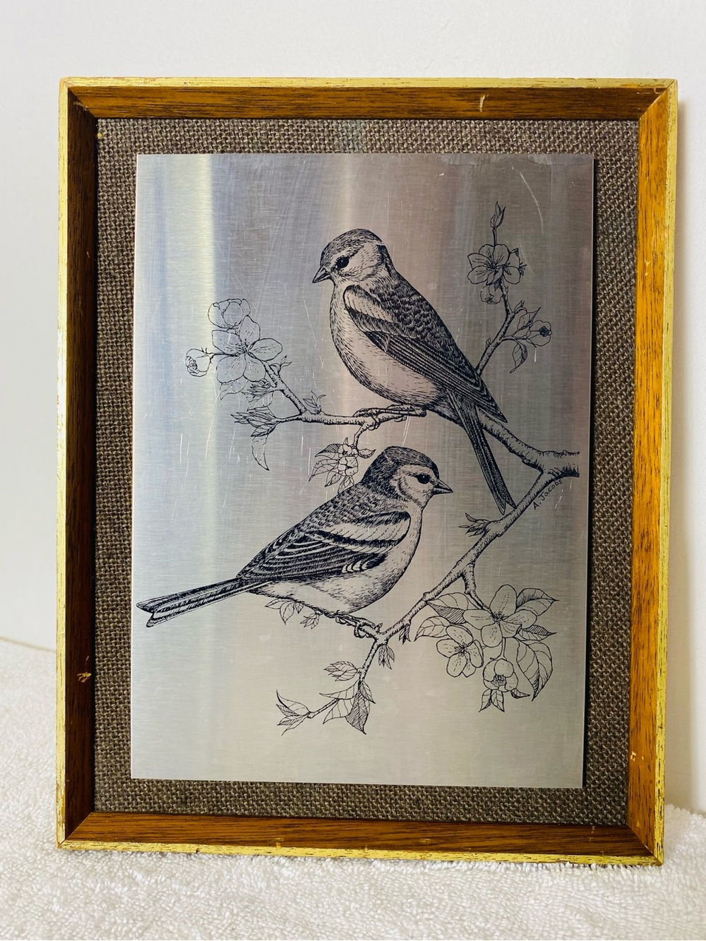 Vintage 70s Omicways Cornwall Hand Etched Metal Wall Art Birds Apple Blossoms